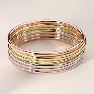 Multi Tone 6 Piece Stack Round Metal Bangle Bracelets Set Layered Glossy Jewelry